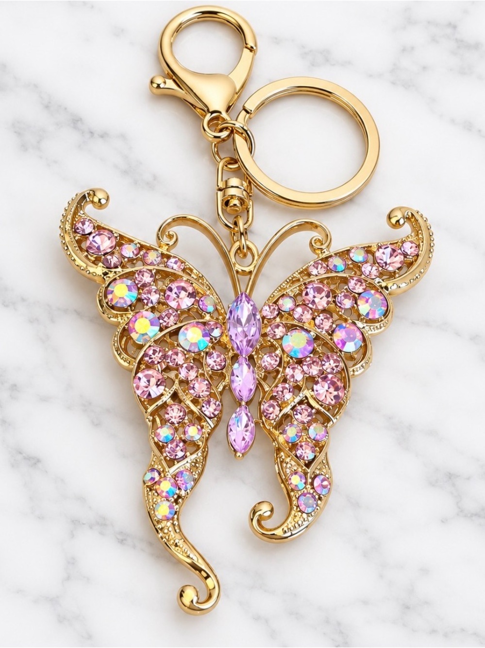 Large Pink Crystal Butterfly Bag Charm/Keyring-Gold Tone Hardware